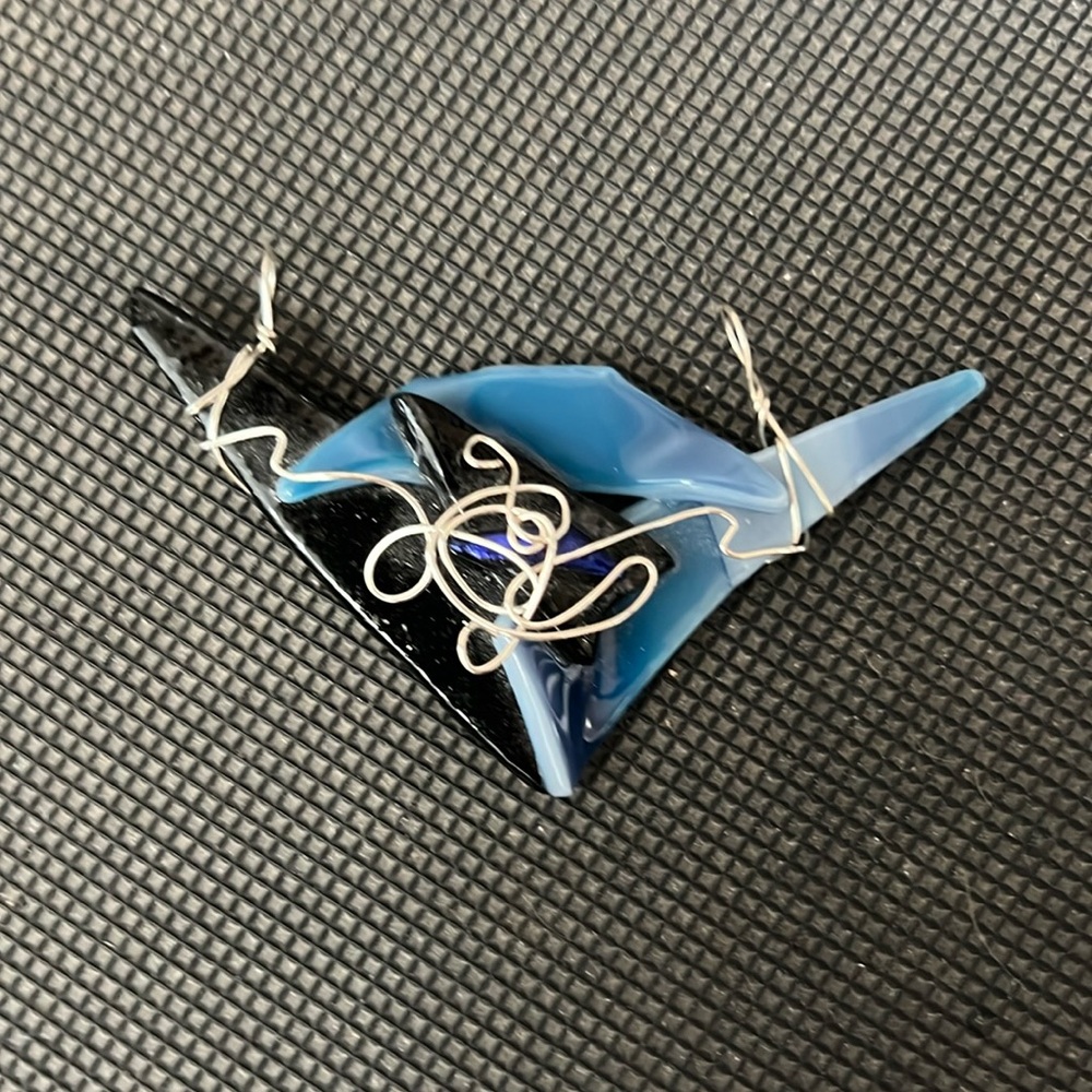 Fused Glass Blue Black and Silver Pendant